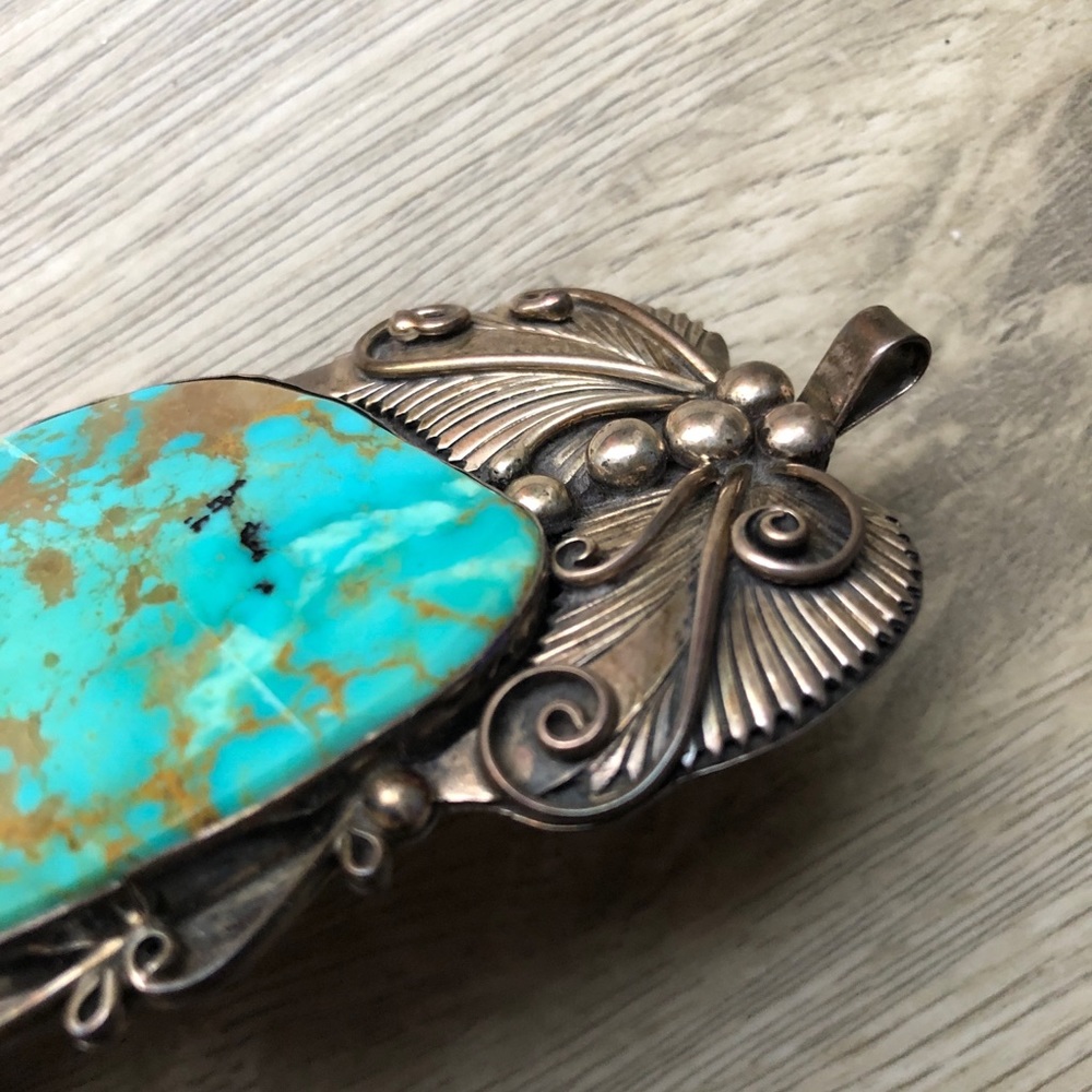 HUGE Vintage Navajo Kingman Turquoise 925 Sterling Silver Pendant Statemnt Piece - Picture 13 of 17